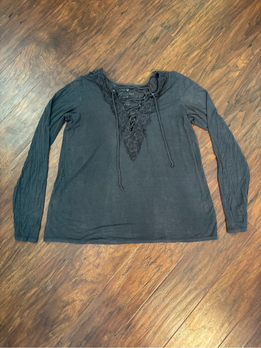 American Eagle Outfitters Black Lace-Up V-Neck Long Sleeve Top